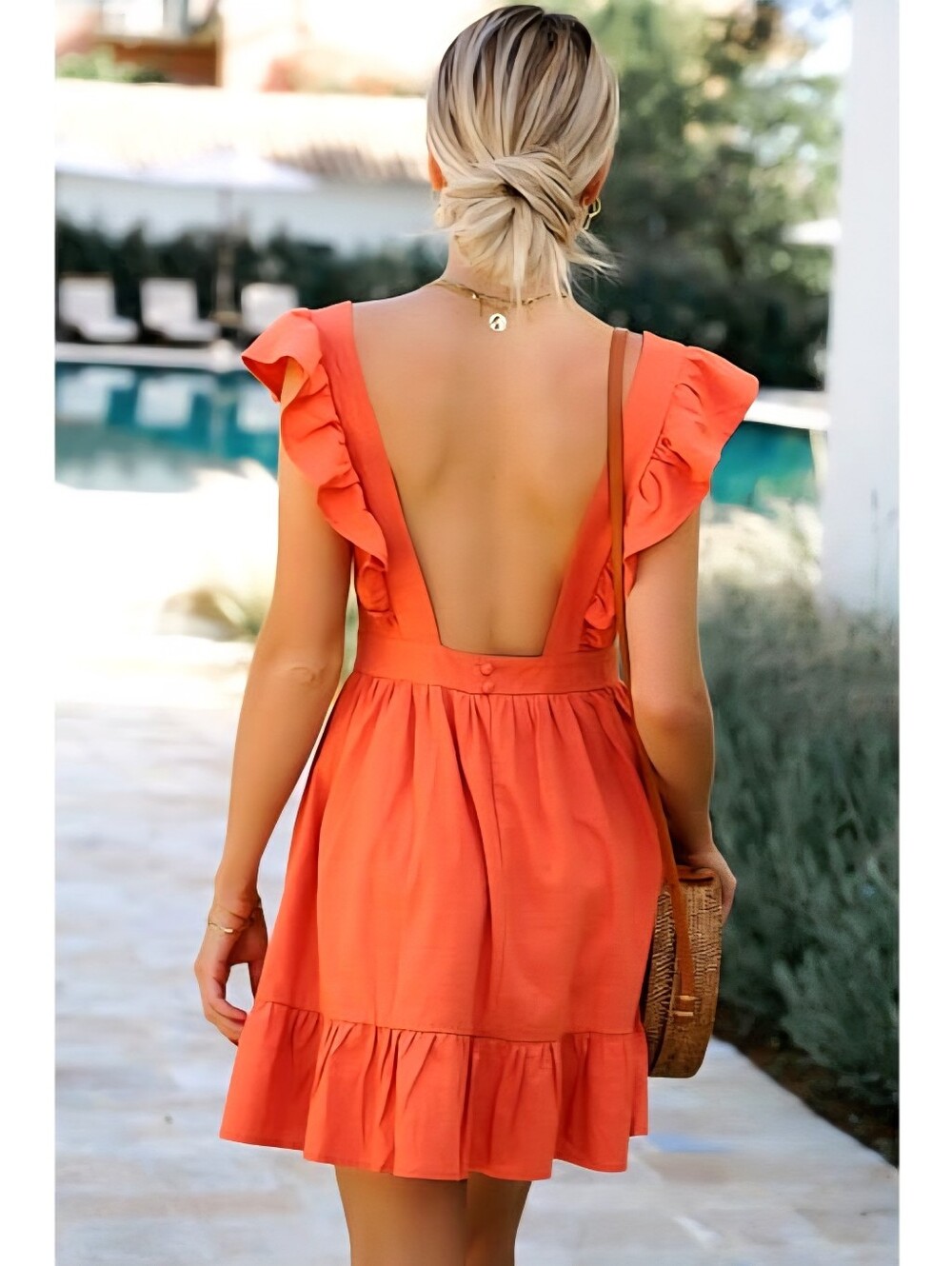Pumpkin Spice Orange Mini Dress With Ruffles Flutter Sleeves - Picture 2 of 4